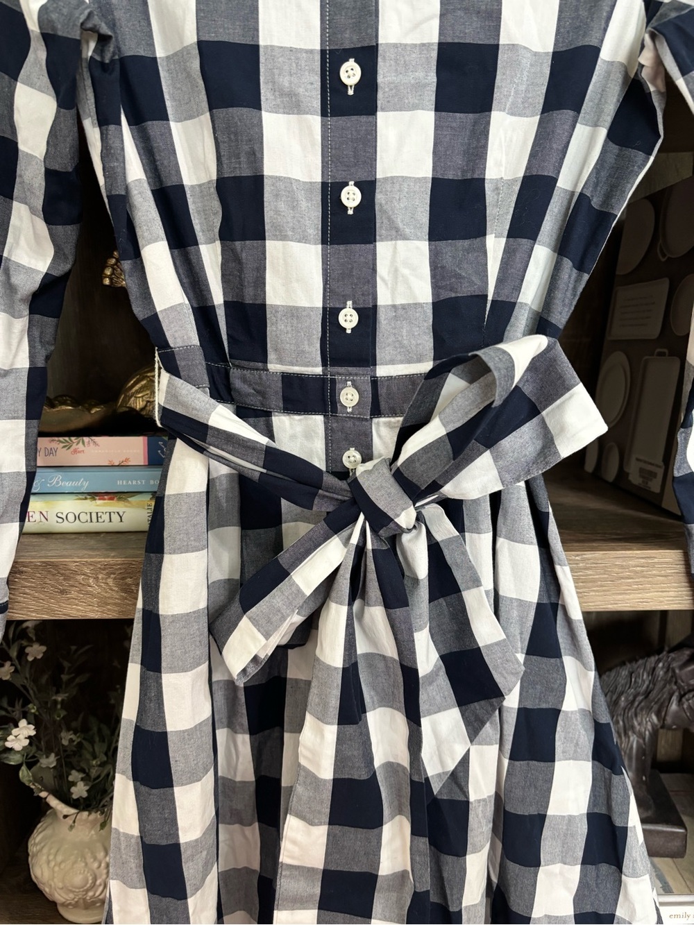 J. Crew Navy and White Gingham Tie-Waist Shirt Dress - Picture 2 of 7